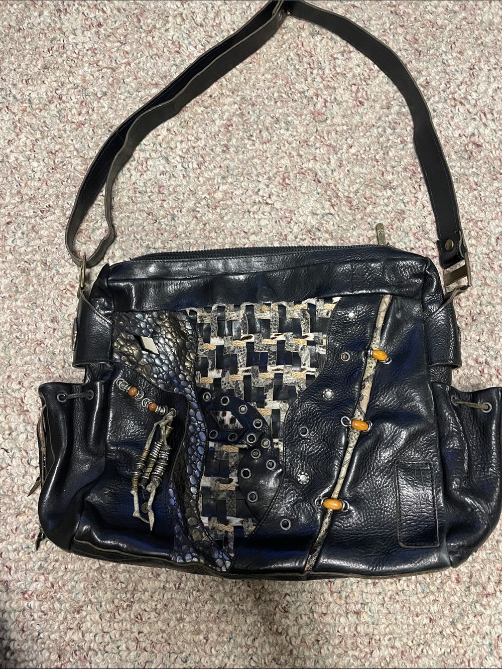 Vintage Italian leather snakeskin/fur tasseled xl decorative Shoulder/crossbody